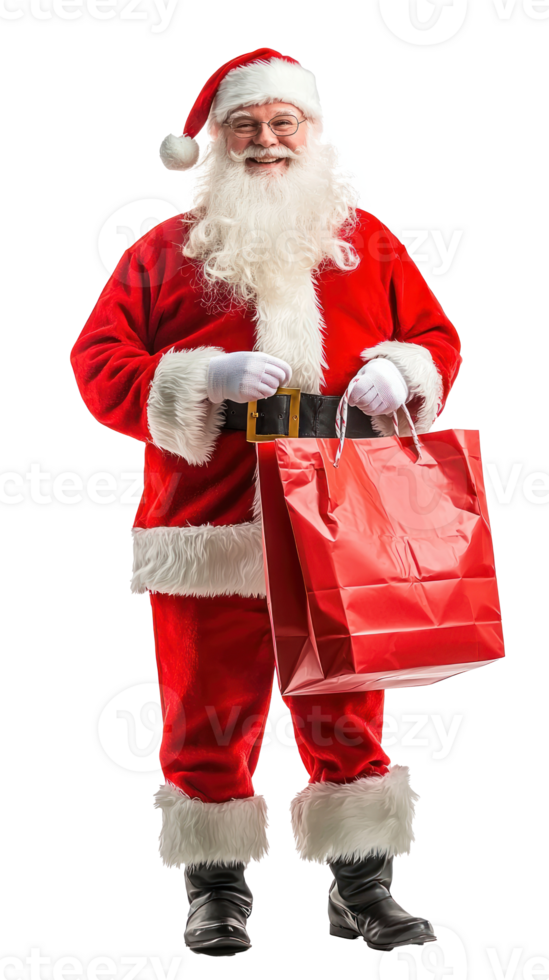 Smiling Santa Claus holding red shopping bag, full length front view isolate on transparent background png