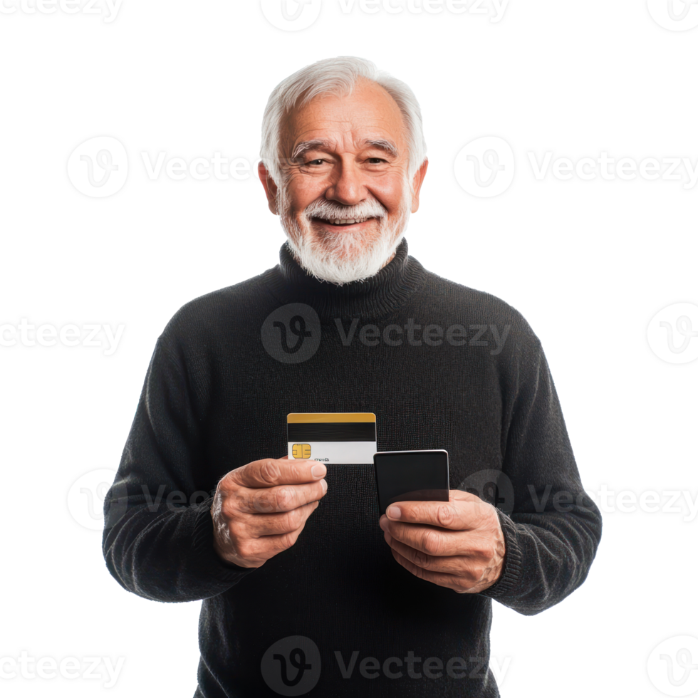 Smiling senior man holding holding a credit card and a mobile phone, standing front view isolate on transparent background png