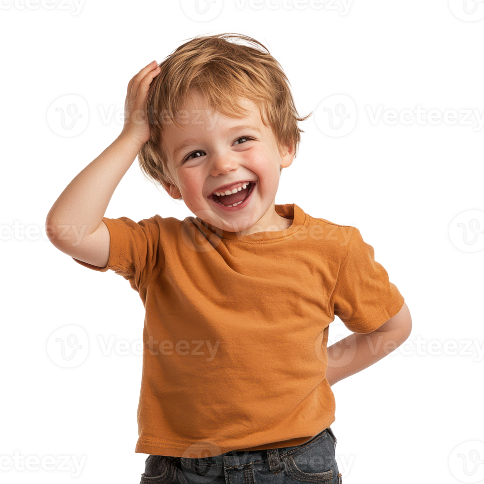 Pretty little boy laughing with excitement, head in hand, standing isolate on transparent background png