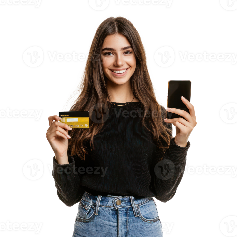 Smiling young woman left holding holding a credit card and right hand holding mobile phone, standing front view isolate on transparent background png