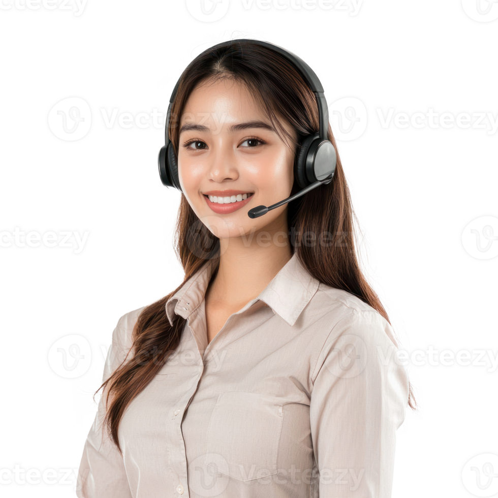 Smiling young customer service woman with headset, standing, call center front view isolate on transparent background png
