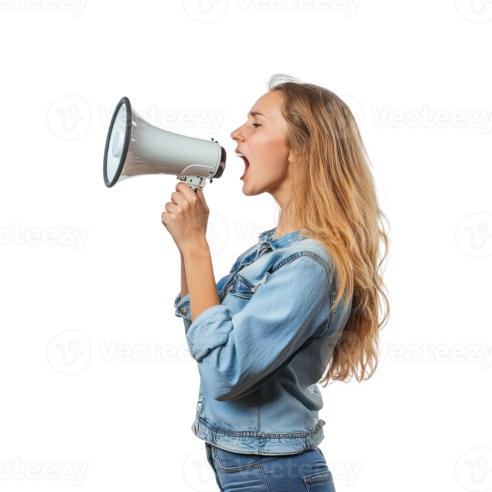 Young woman hand on mouth shouting loud as speaker, standing side view isolate on transparent background png