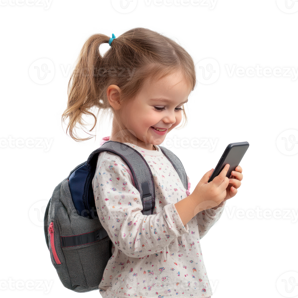 Happy smiling little girl student using smart phone, standing side view isolate on transparent background png