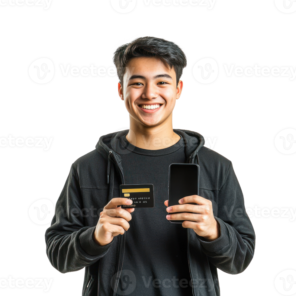 Smiling young man left holding holding a credit card and right hand holding mobile phone, standing front view isolate on transparent background png