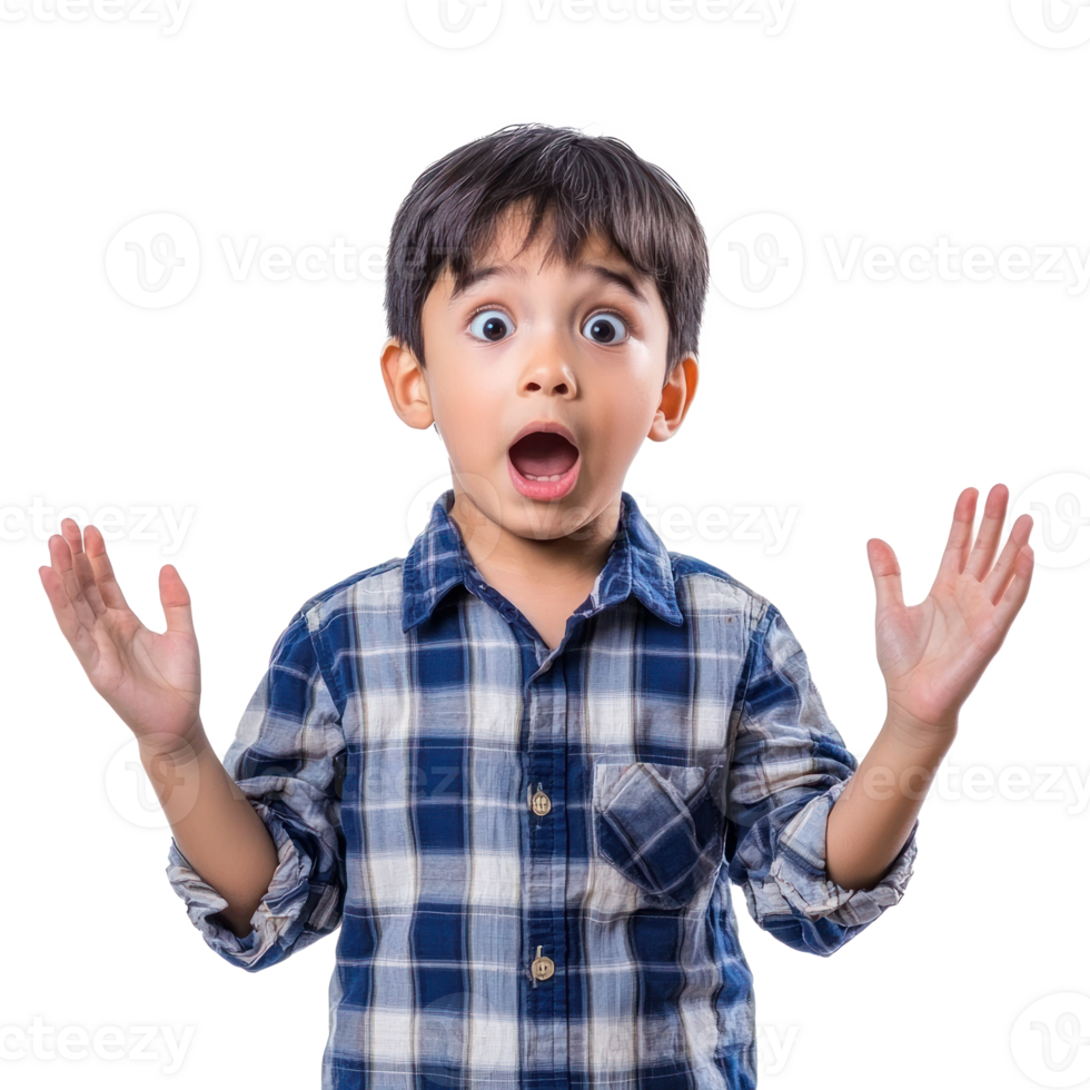 Shocked facial expression little boy student with hand open, standing front view isolate on transparent background png