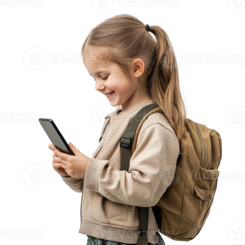 Happy smiling little girl student using smart phone, standing side view isolate on transparent background png