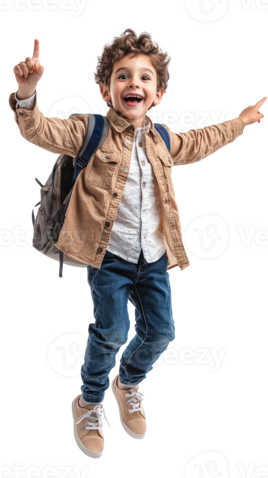 Excited little boy student floating in air with hand pointing at right side copyspace, Full length, front view isolate on transparent background png