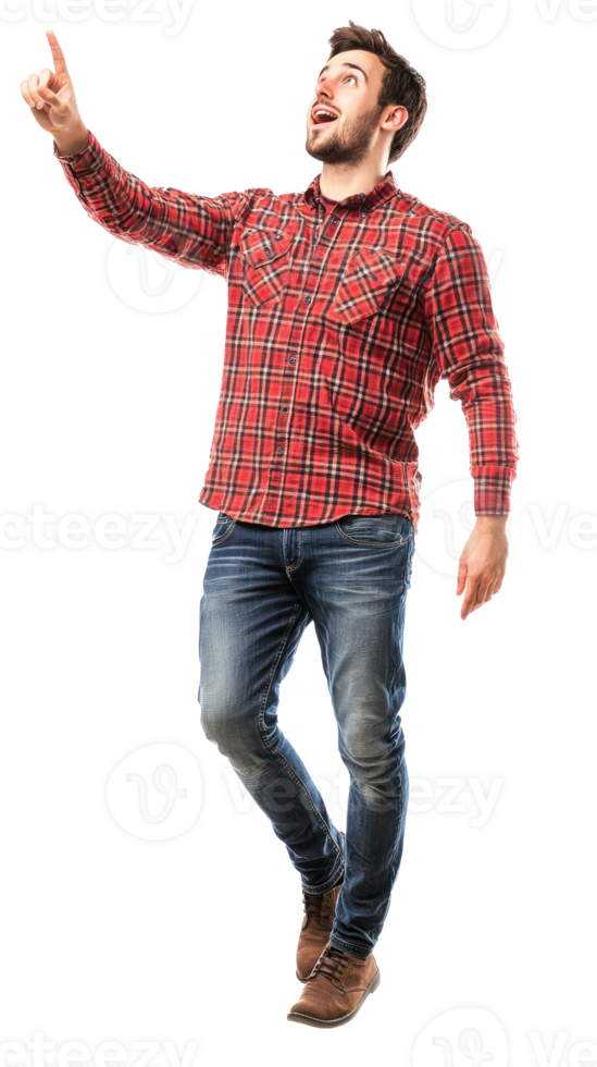 Excited young man floating in air with hand pointing to copyspace, Full length, side view isolate on transparent background png