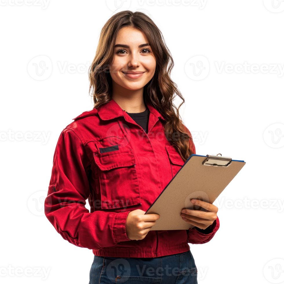 Smiling auto mechanic woman with hand holding a clipboard, standing isolate on transparent background png