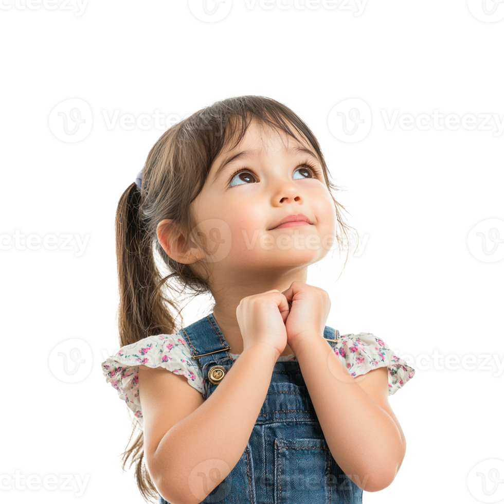 Little girl thinking and looking at empty space, standing isolate on transparent background png