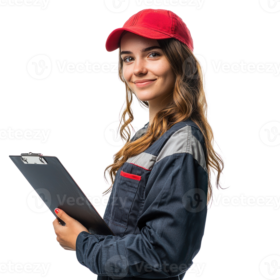 Smiling auto mechanic woman with hand holding a clipboard, standing side view isolate on transparent background png