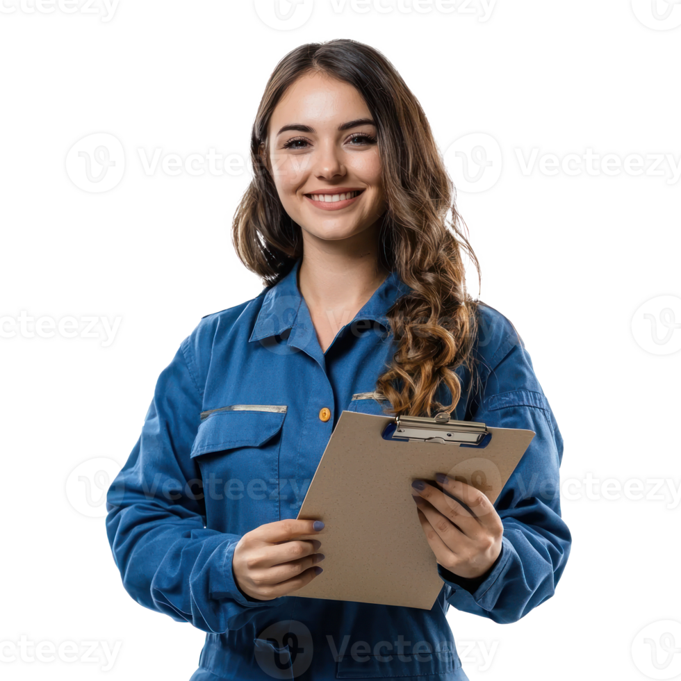 Smiling auto mechanic woman with hand holding a clipboard, standing isolate on transparent background png