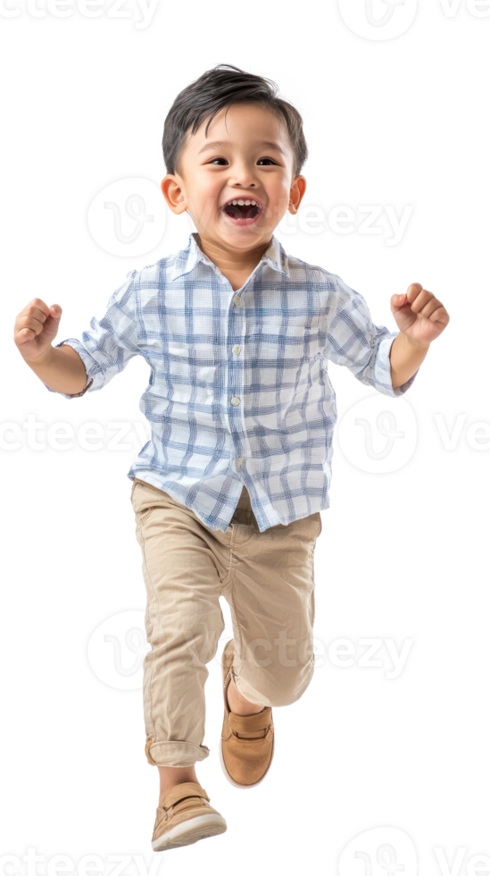 Little boy with excited smile he is run in air, Full length, side view isolate on transparent background png