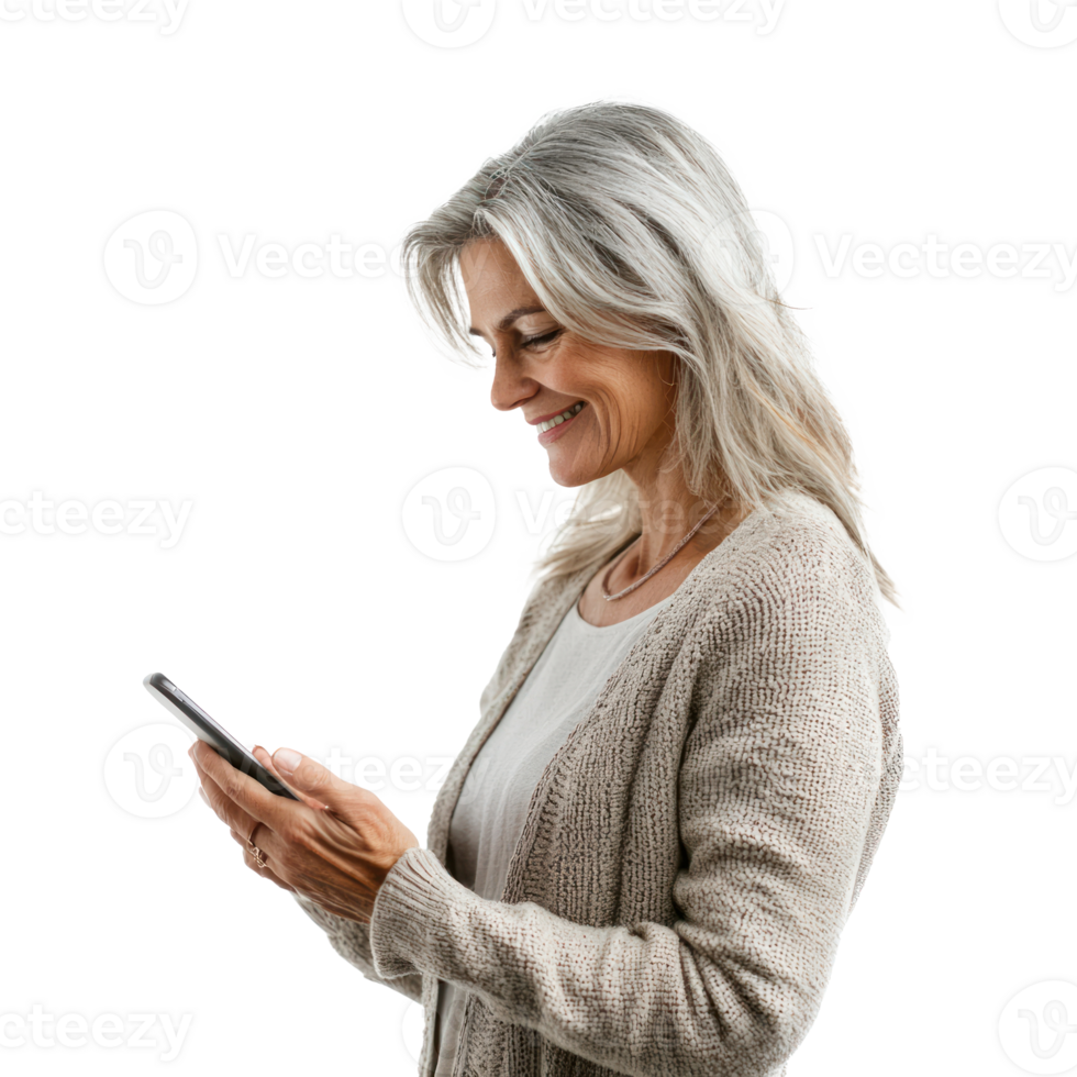 Happy smiling mature middle-aged woman using smart phone, standing side view isolate on transparent background png