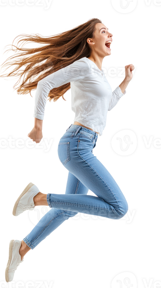 Beautiful young woman with excited smile he is run in air, Full length, side view isolate on transparent background png
