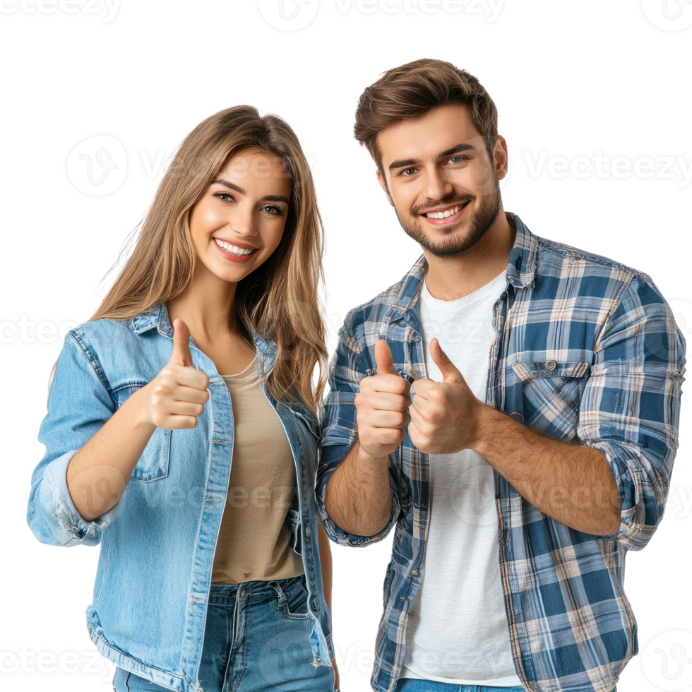 Smiling young man and woman pointing at camera, standing isolate on transparent background png