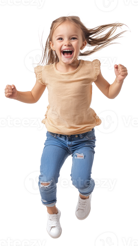 Little girl with excited smile he is run in air, Full length, front view isolate on transparent background png