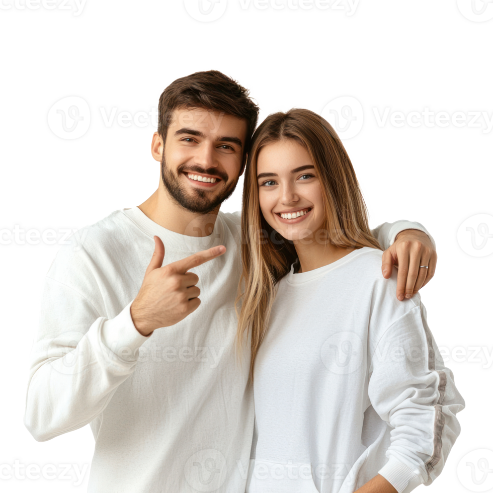 Smiling young couple hugging with hand pointing at copy space, standing isolate on transparent background png