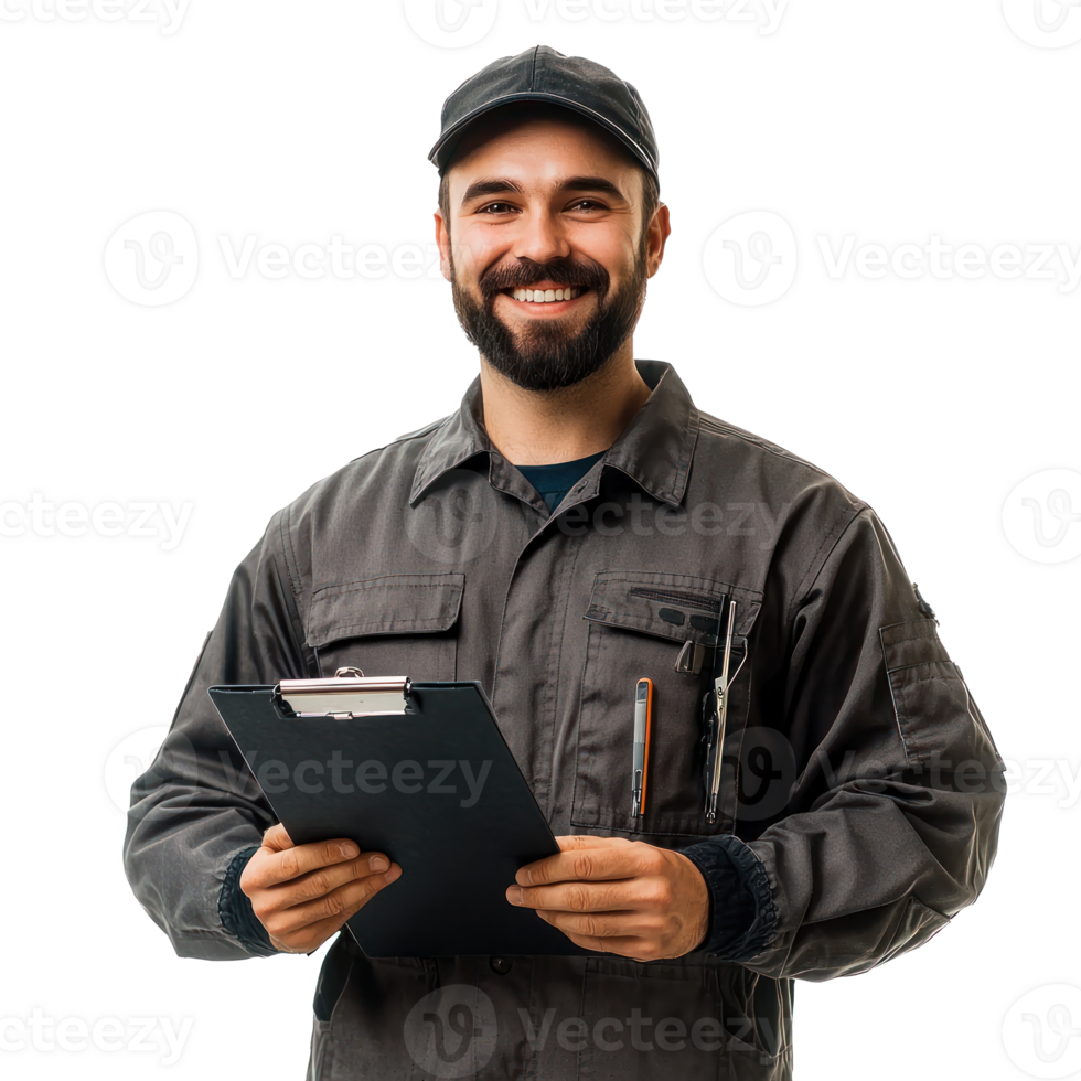 Smiling auto mechanic man with hand holding a clipboard, standing isolate on transparent background png