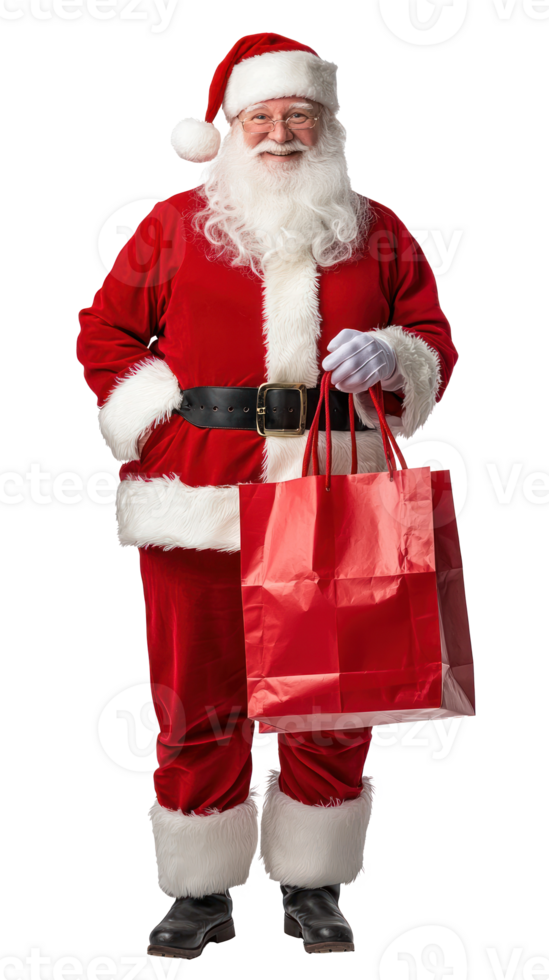 Smiling Santa Claus holding red shopping bag, full length front view isolate on transparent background png