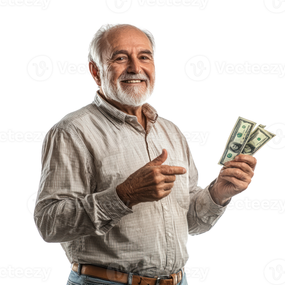 Happy senior man holding a bunch of US dollar money with gesture yes, standing side view isolate on transparent background png