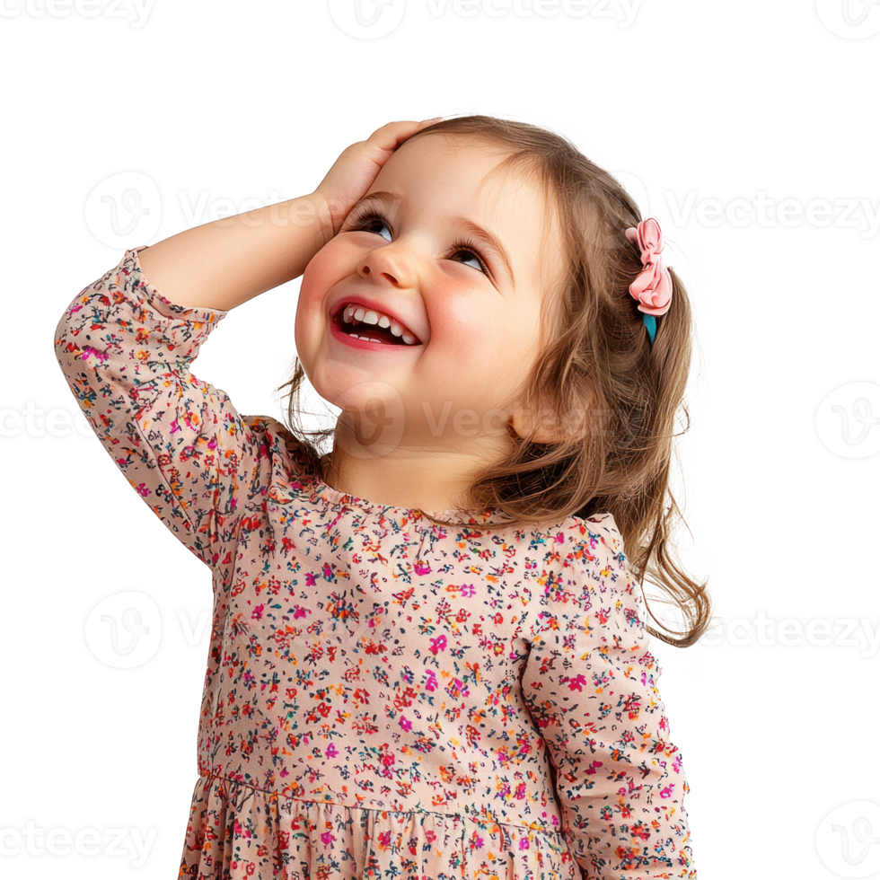 Pretty little girl laughing with excitement, head in hand, standing side view isolate on transparent background png