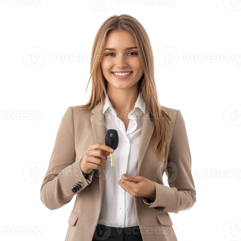 Smiling business woman holding a car key, standing isolate on transparent background png