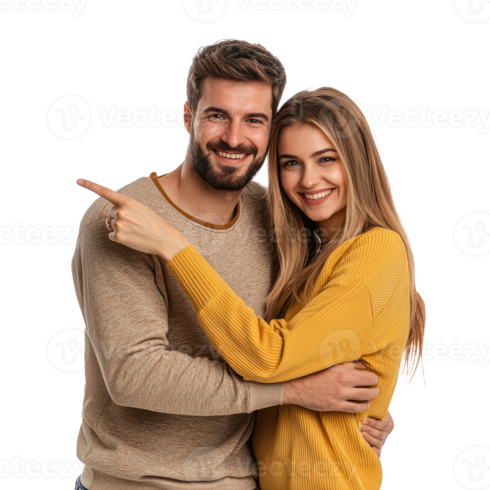 Smiling young couple hugging with hand pointing at copy space, standing isolate on transparent background png