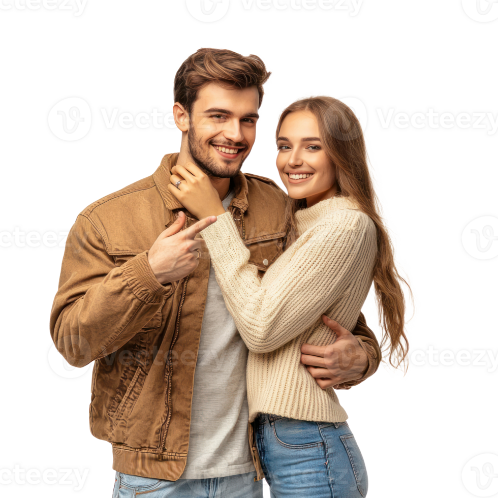 Smiling young couple hugging with hand pointing at copy space, standing side view isolate on transparent background png