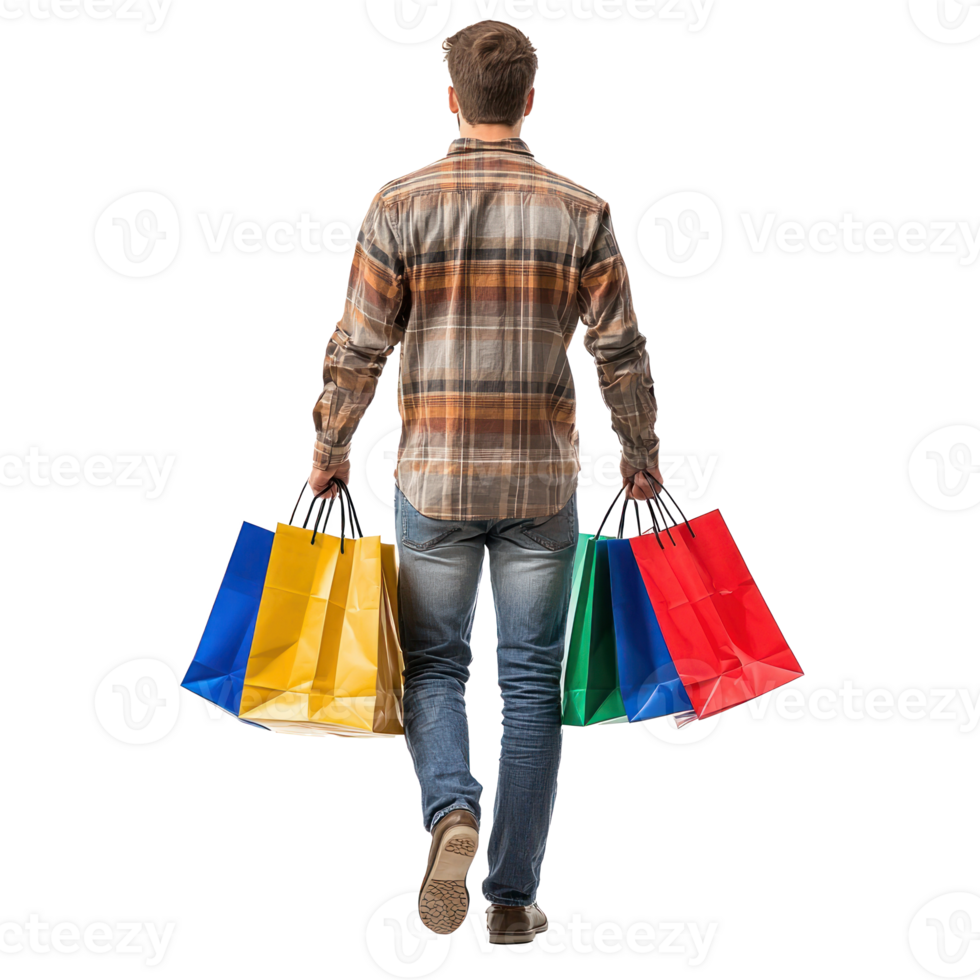 Back view of man holding shopping bags, full length isolate on transparent background png