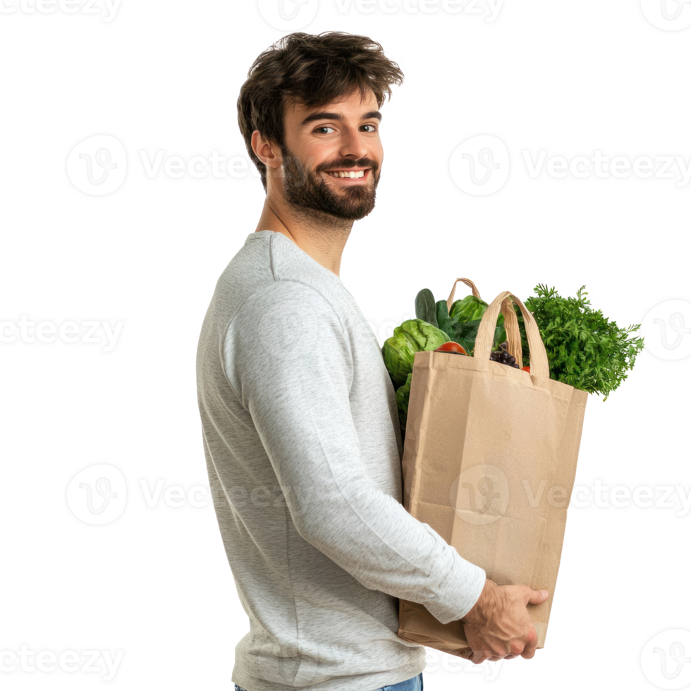 Smiling man holding Groceries shopping bag side view isolate on transparent background png
