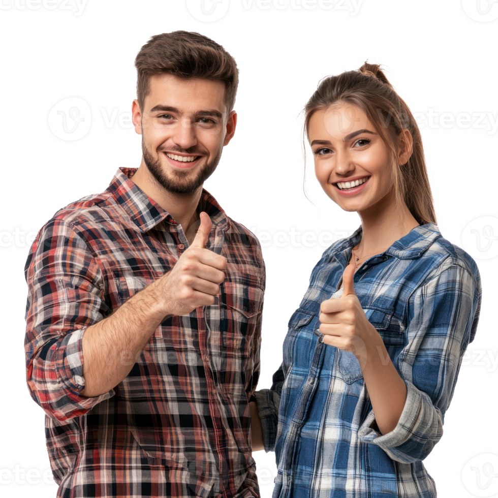 Smiling young man and woman pointing at camera, standing side view isolate on transparent background png