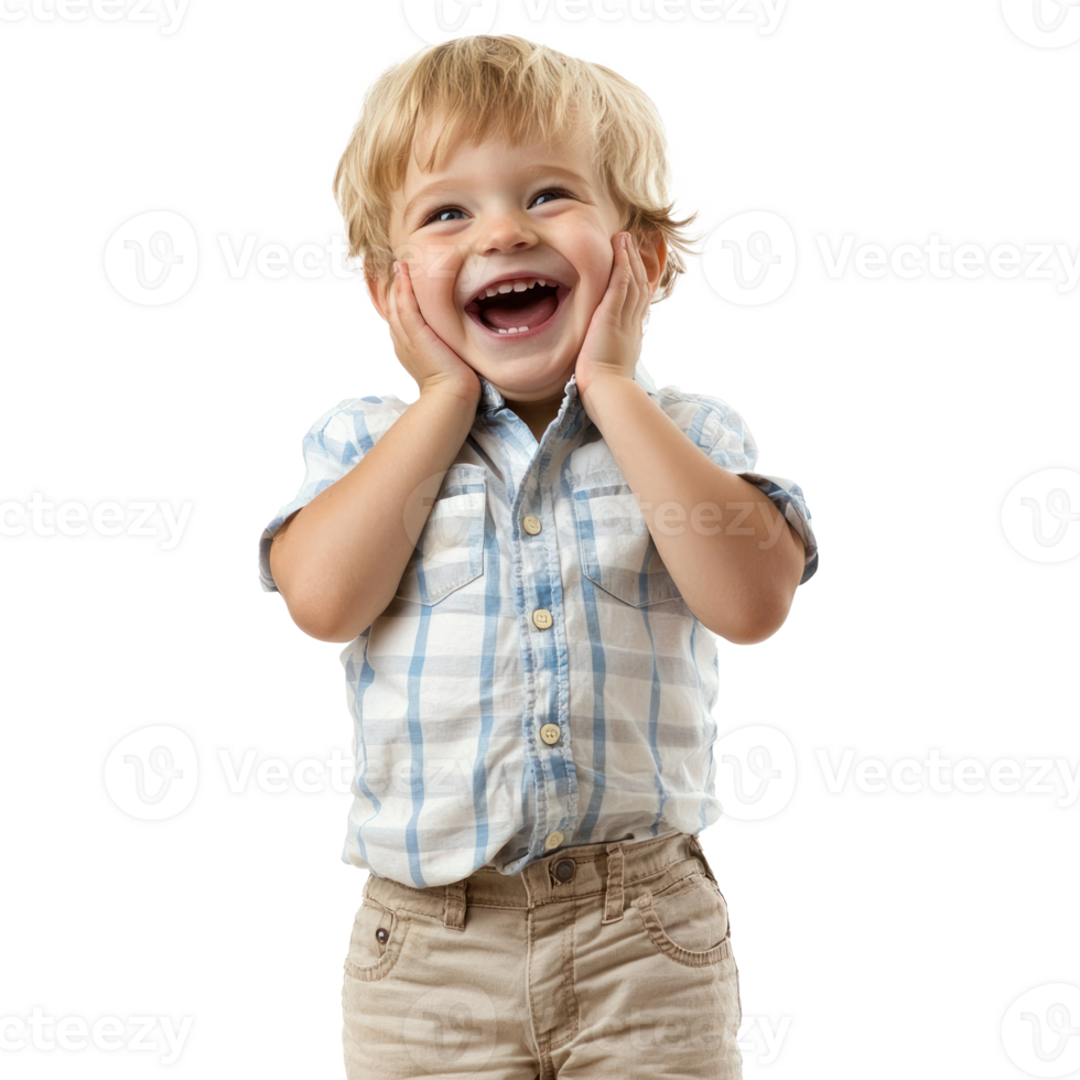 Pretty little boy laughing with excitement, head in hand, standing front view isolate on transparent background png