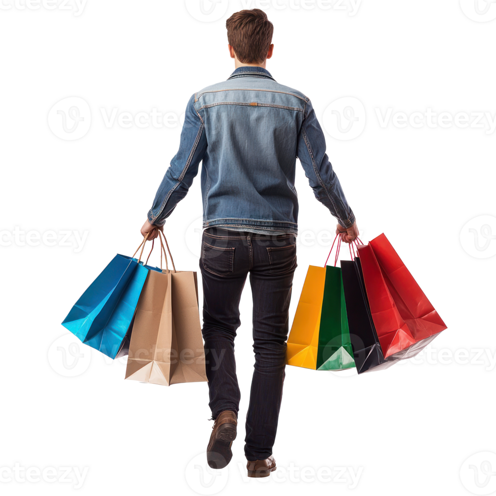 Back view of man holding shopping bags, full length isolate on transparent background png