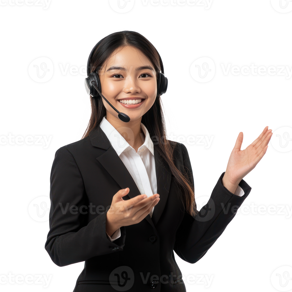 Smiling young customer service woman with headset wearing suit and hand presenting something at copy space, standing, call center isolate on transparent background png