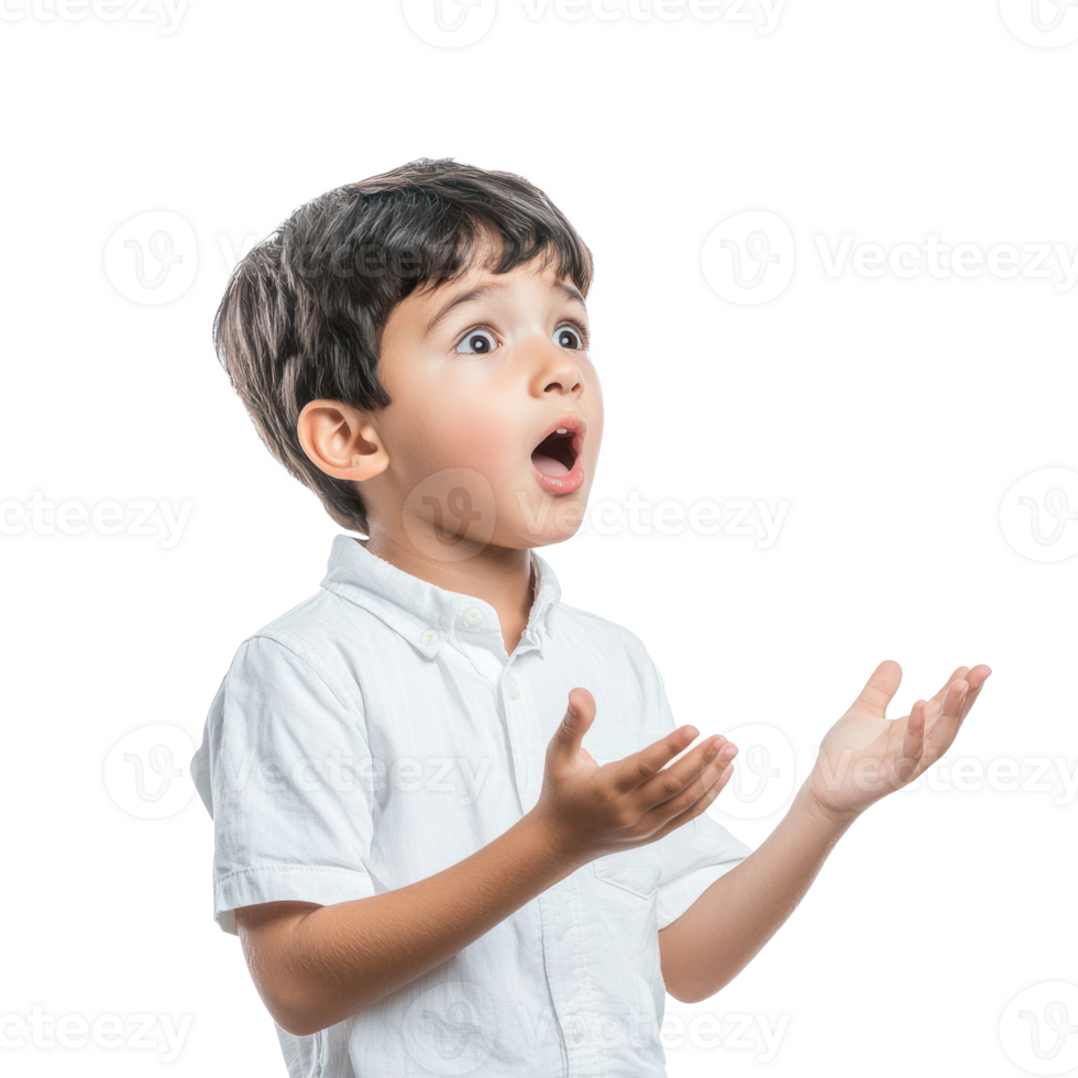 Shocked facial expression little boy student with hand open, standing side view isolate on transparent background png