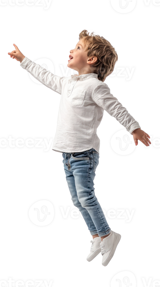 Excited little boy student floating in air with hand pointing at right side copyspace, Full length, side view isolate on transparent background png