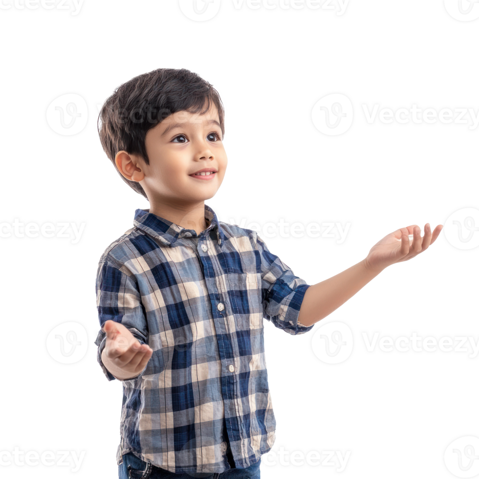 Young little boy student hand present something at copy space, standing isolate on transparent background png