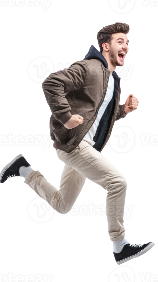 Handsome man with excited smile he is run in air, Full length, side view isolate on transparent background png