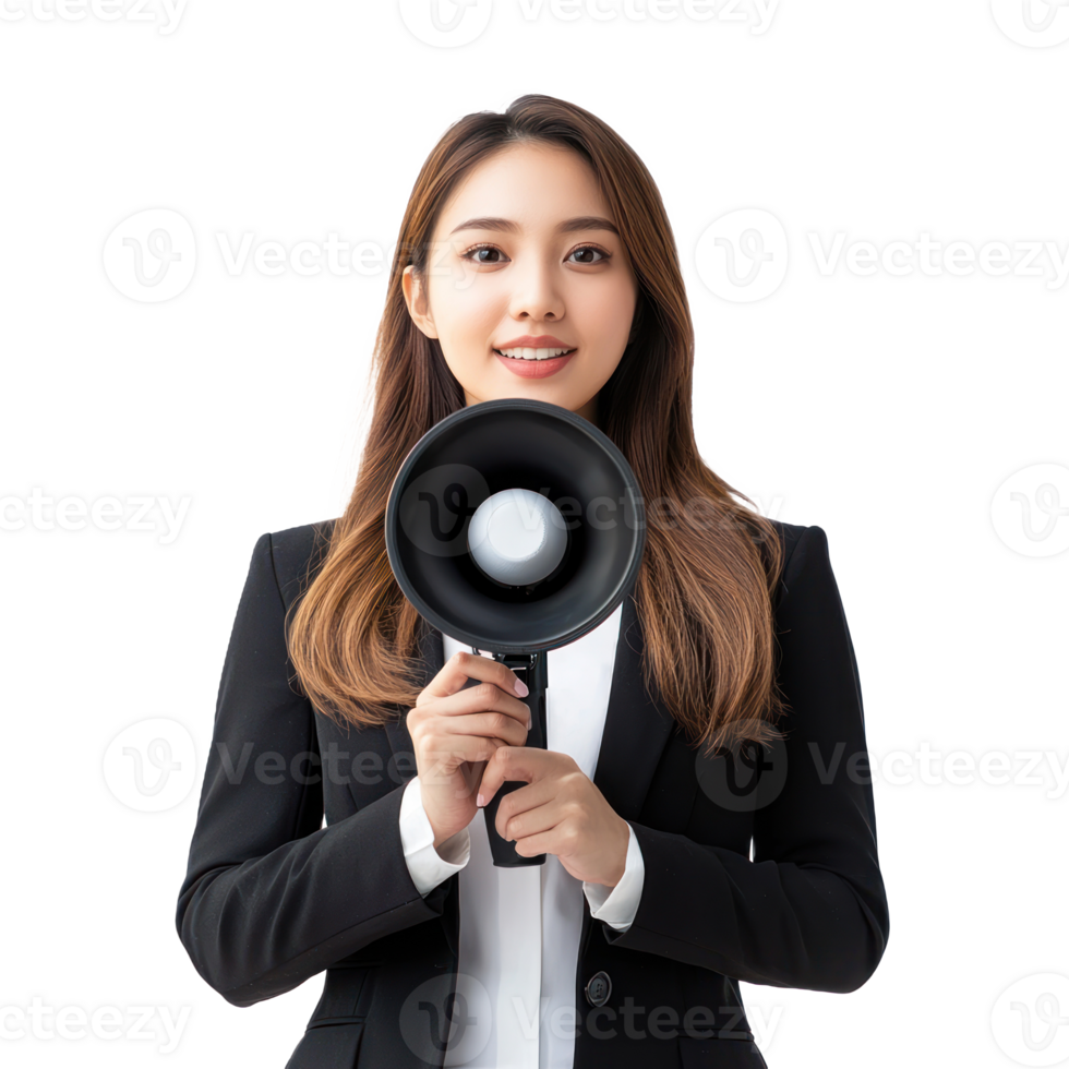 Smiling business woman hand holding megaphone looking at empty space, standing front view isolate on transparent background png