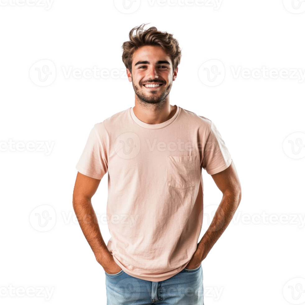 Smiling young man standing with hands in pockets, standing front view isolate on transparent background png
