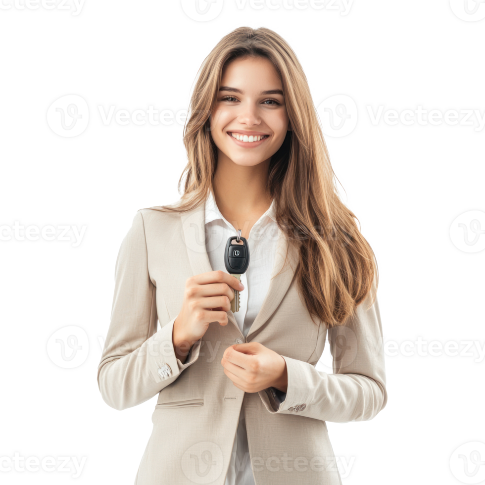 Smiling business woman holding a car key, standing front view isolate on transparent background png