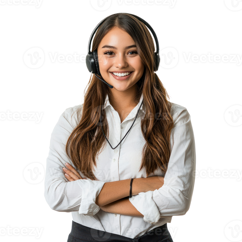 Smiling young customer service woman with headset, standing, call center isolate on transparent background png