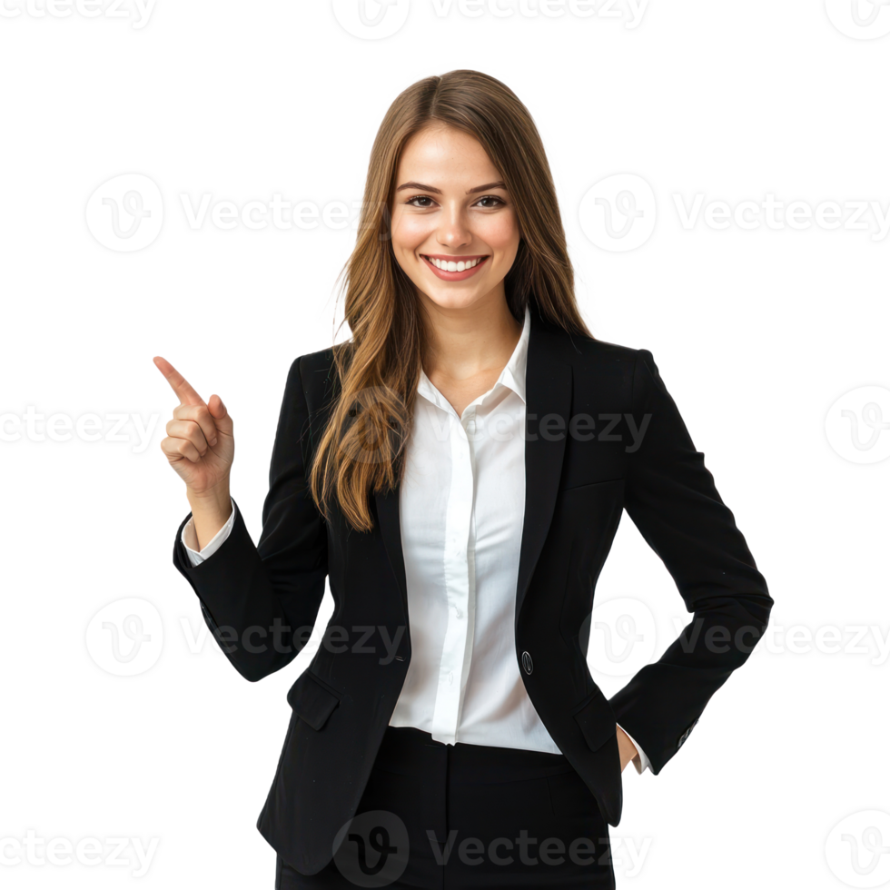 Happy smiling business woman in suit with hand pointing at empty space, standing front view isolate on transparent background png