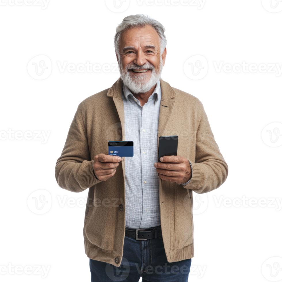 Smiling senior man holding holding a credit card and a mobile phone, standing front view isolate on transparent background png