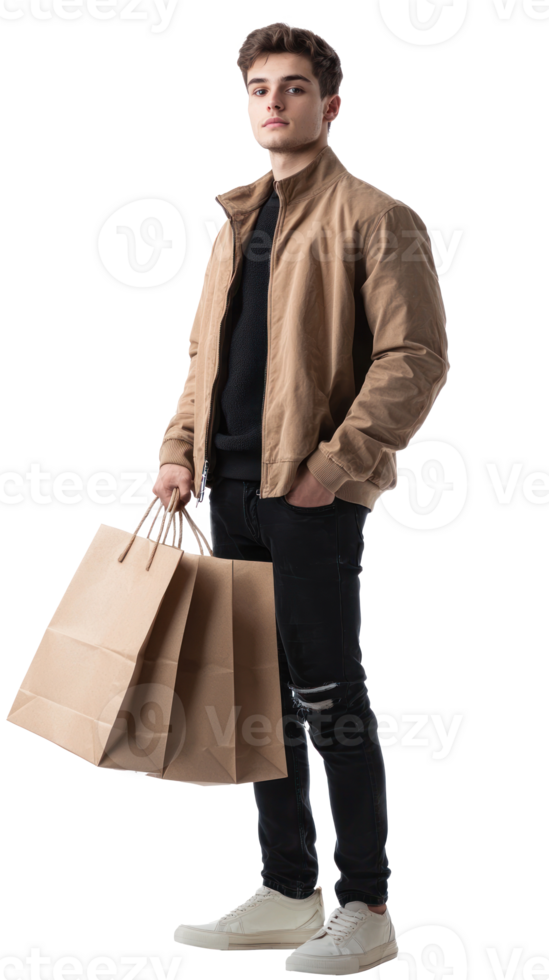 Pretty young man posing with shopping bags, Full length, side view isolate on transparent background png