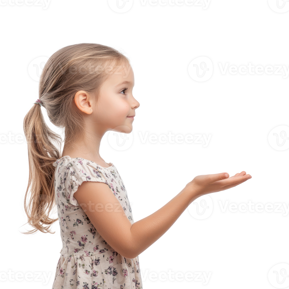 Young little girl student hand present something at copy space, standing side view isolate on transparent background png