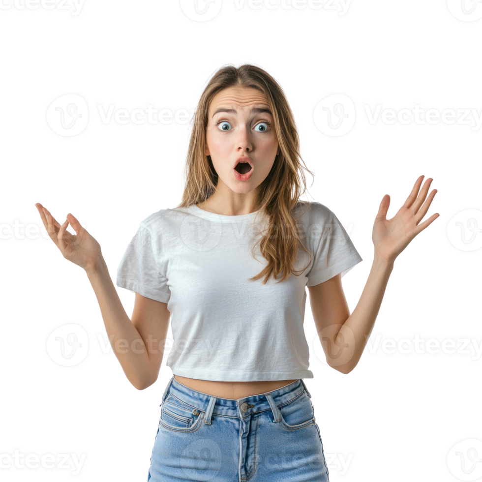 Shocked facial expression young woman with hand open, standing front view isolate on transparent background png