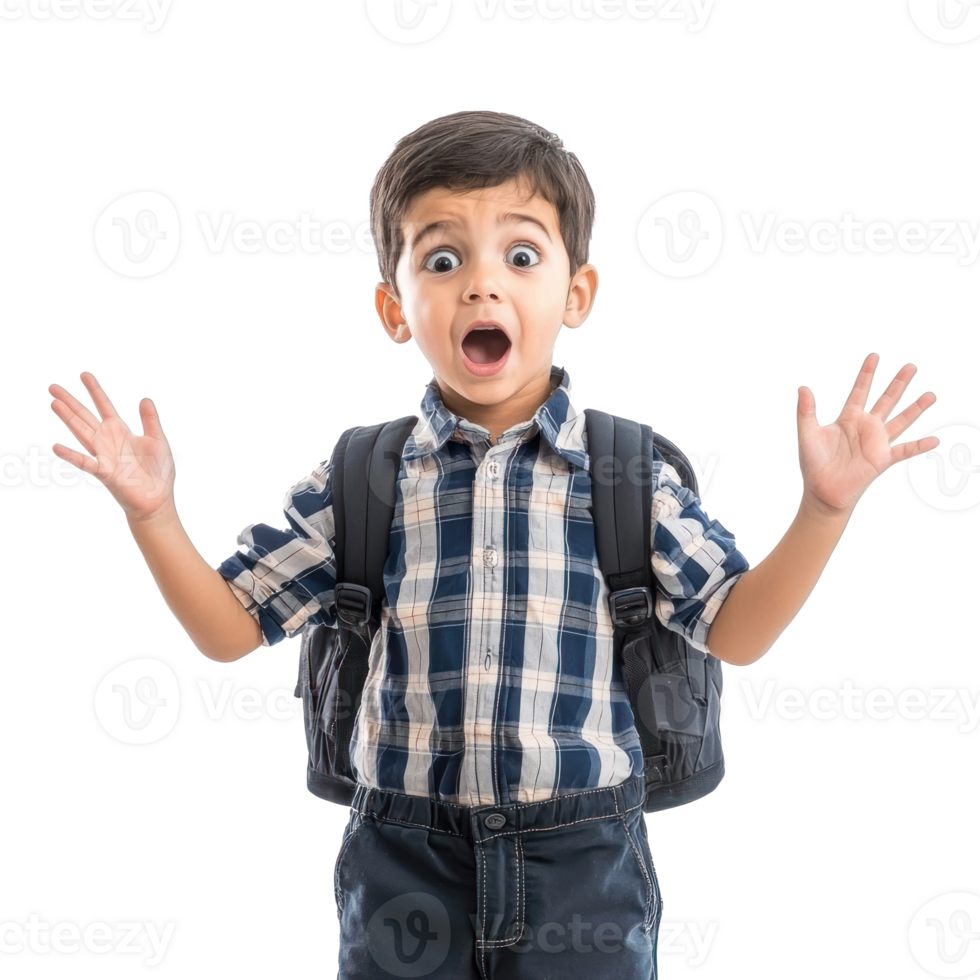 Shocked facial expression little boy student with hand open, standing front view isolate on transparent background png