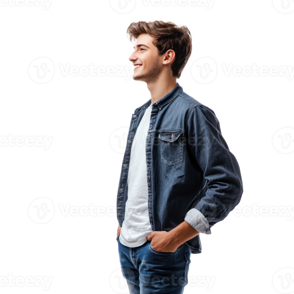 Smiling young man standing with hands in pockets, standing side view isolate on transparent background png